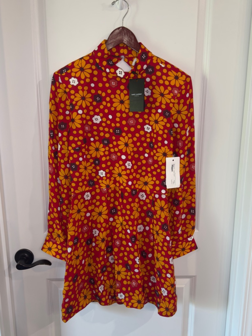 Saint Laurent Belted High Neck Flower Print Dress Red and Jaune - Picture 3 of 16